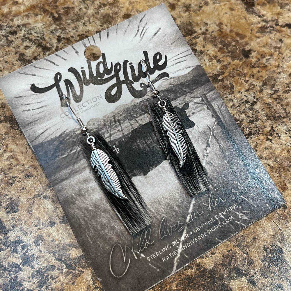Cowhide sterling silver feather earrings